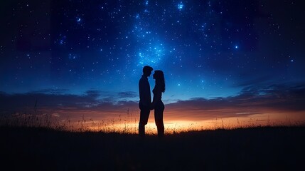 Silhouette of a Couple Embracing Against the Night Sky: A Romantic and Serene Image Perfect for Love, Relationships, and Nighttime Themes