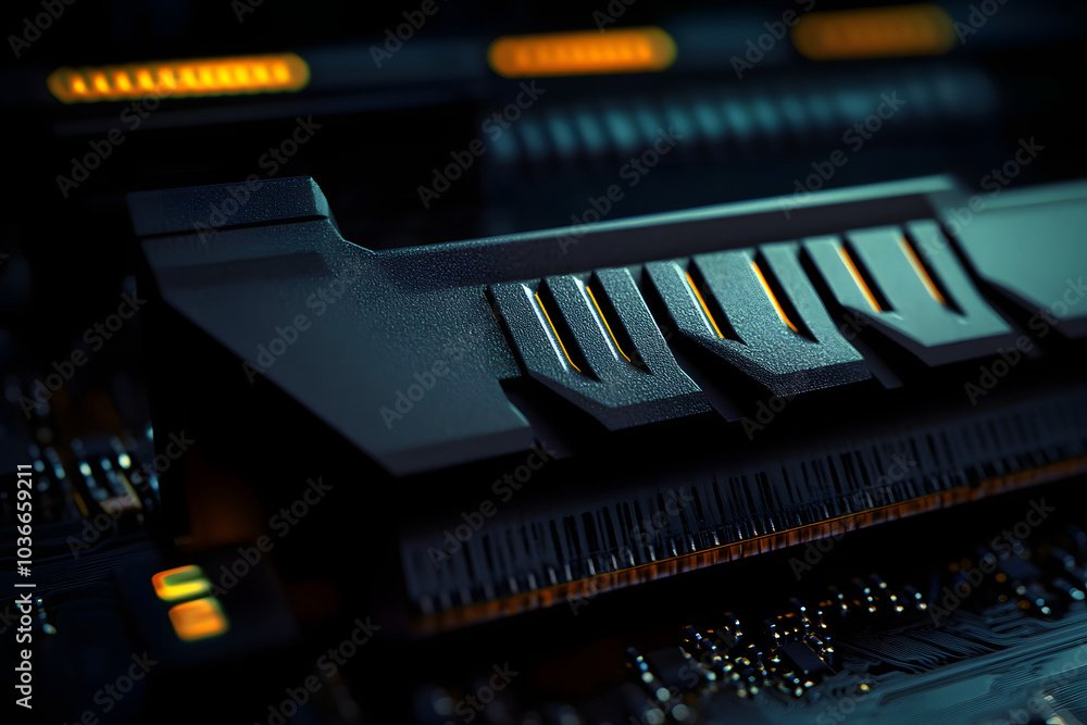 Poster close-up of computer ram (random access memory) module on black background, generative ai