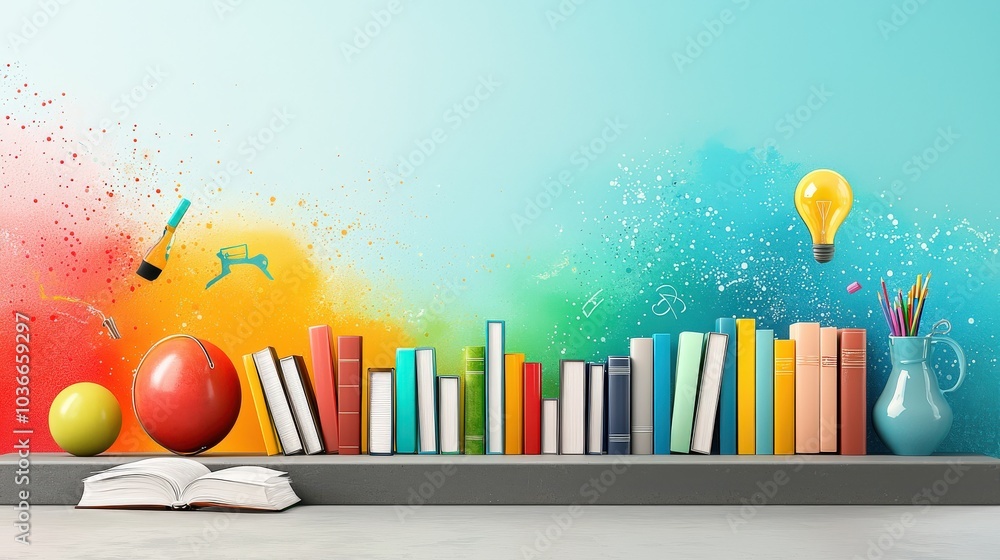 Fototapete a whimsical back-to-school illustration displaying multiple book icons arranged in a row on a gray t