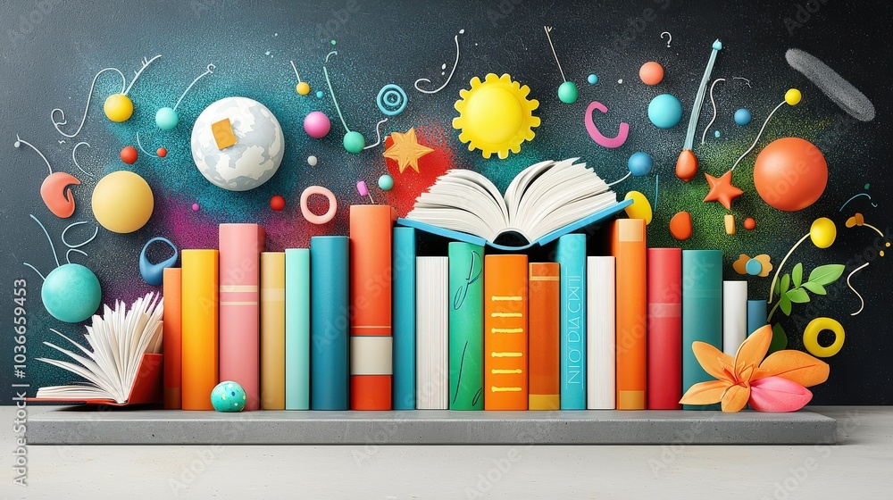 Fototapete a whimsical back-to-school illustration displaying multiple book icons arranged in a row on a gray t