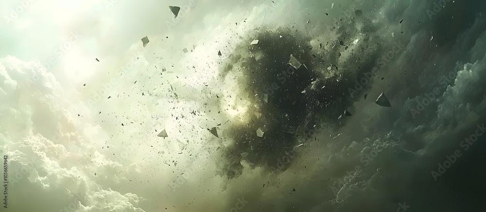 Poster a dramatic explosion in the sky, featuring dark clouds and fragments dispersing into the atmosphere,