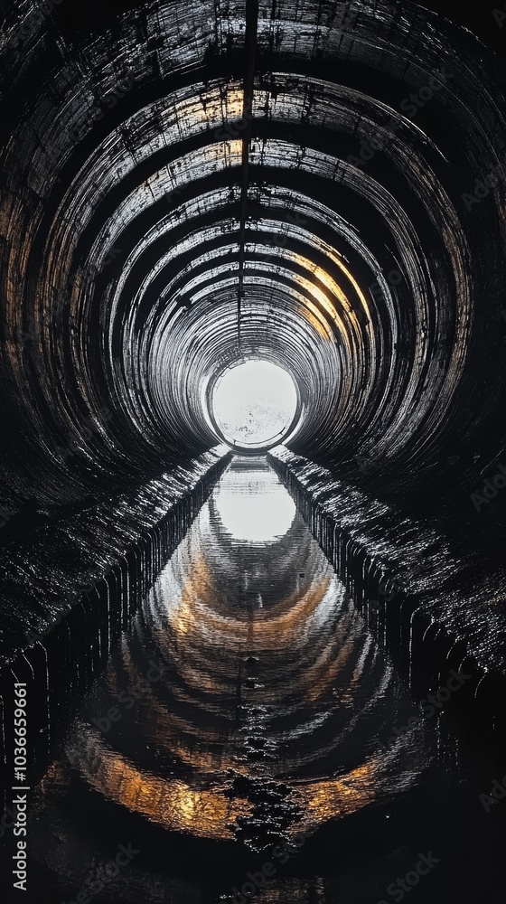 Poster mysterious tunnel view with reflections, creating an eerie yet intriguing atmosphere.