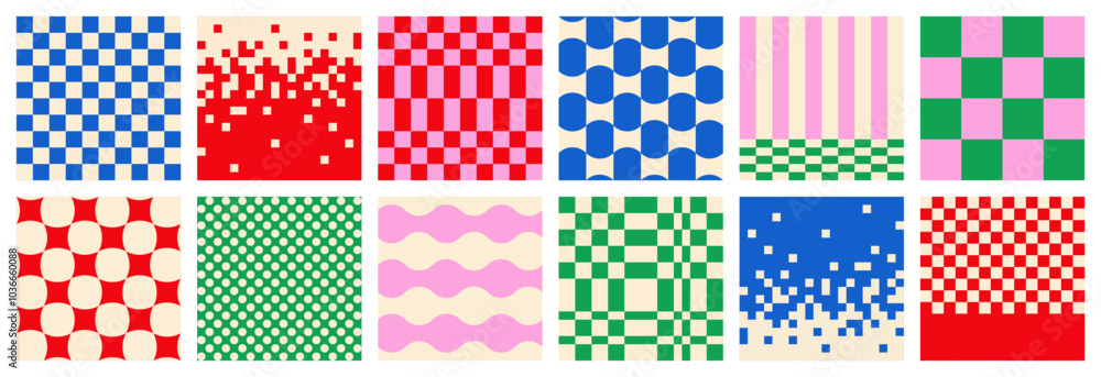 Wall mural big set of abstract modern seamless multicolored checkered, vertical and horizontal striped patterns