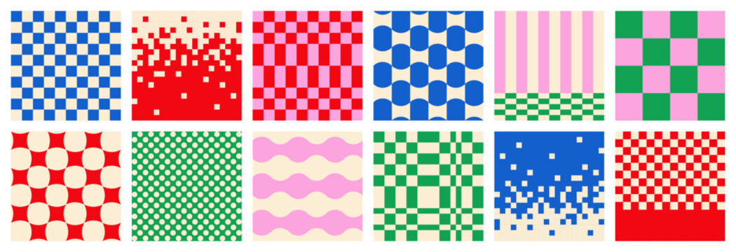 Big set of abstract modern seamless multicolored checkered, vertical and horizontal striped patterns on light background, red, blue and green color, flat style