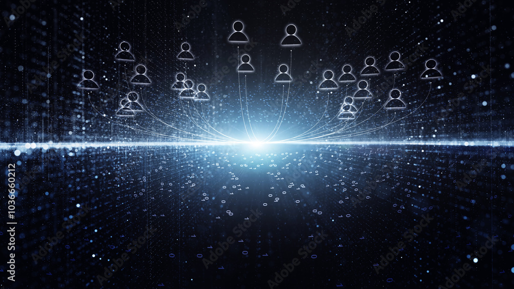 Poster people icons and binary data cyberspace network illustration.
