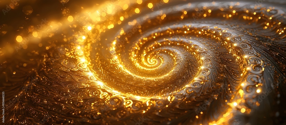 Aufkleber an intricate, spiraling design in golden hues surrounded by shimmering bokeh, creating an enchanting