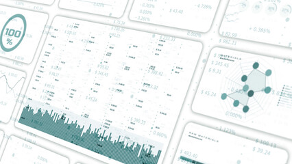 Illustrated business graphs and data presentation on white wall background.	
