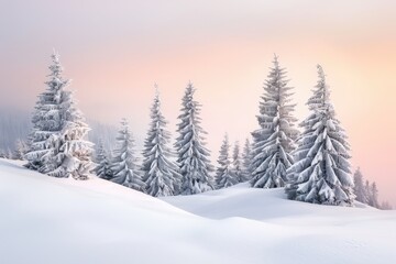Fototapeta premium Snow-Covered Pine Trees in a Snowy Mountain Landscape at Sunset