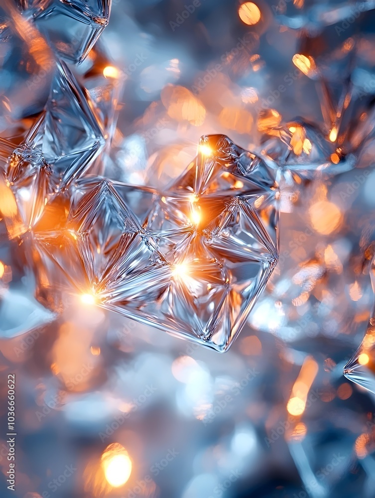 Poster an abstract close-up of crystal-like shapes shimmering in blue and orange hues, creating a captivati
