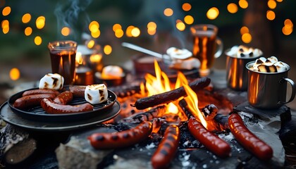 Savoring the flames a cozy campfire feast with grilled sausages and toasted marshmallows under a starry night sky