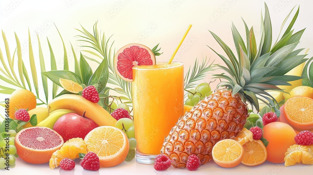 Poster this close-up image features a delightful cone and a ripe pineapple, surrounded by an assortment of 