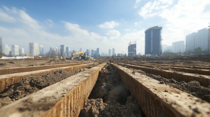 An urban construction site bustling with heavy machinery, impressive steel beams rising high, and a contemporary city skyline serving as a stunning backdrop.