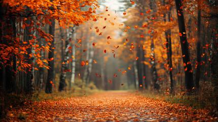 Fototapeta premium Golden autumn forest with vibrant leaves falling and sunlight streaming through the trees on a peaceful path 