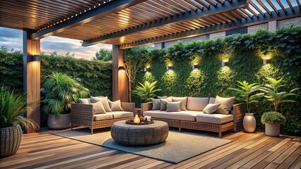 Fototapeta premium A relaxing patio with warm lighting, woven furniture, and lush greenery surrounding a wooden deck.