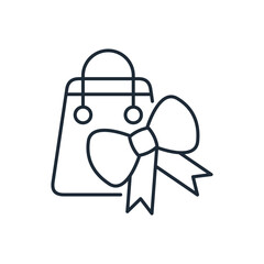 Surprise, gift with festive bow with ribbons. Vector linear icon isolated on white background.