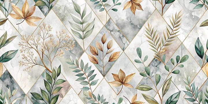 A seamless pattern of delicate leaves and branches arranged in a geometric pattern on a marbled background.