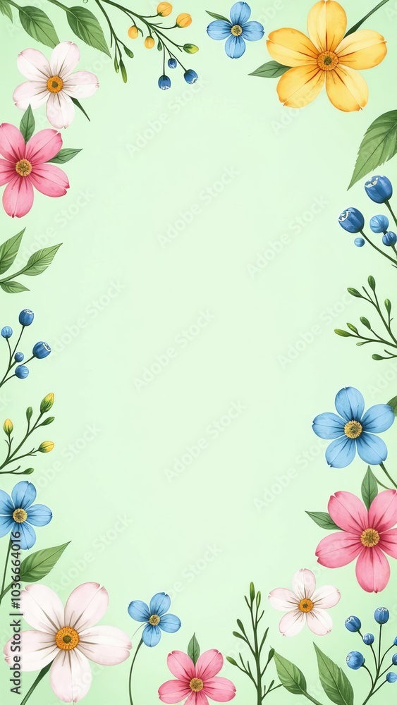 Poster a green background with a flowery border. the flowers are in various colors and sizes.