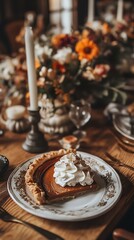 Fototapeta premium 8. A serving of freshly baked pumpkin pie with whipped cream, placed on a Thanksgiving dinner table