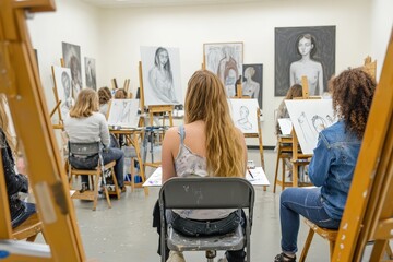 Art students in life drawing class with easels and portrait sketches in studio.