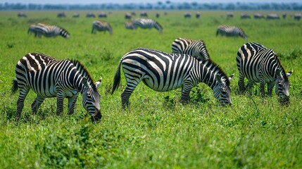 Herd of zebras grazing in the open plains, their black and white stripes standing out against the green grass