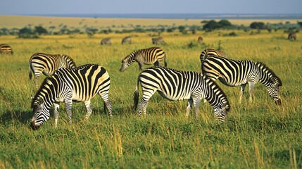 Fototapeta premium Herd of zebras grazing in the open plains, their black and white stripes standing out against the green grass