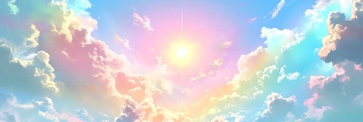 A daytime sky featuring a bright sun surrounded by rainbow-colored clouds. The clouds are soft, fluffy, and blend with shades of pink, yellow,blue, and green, creating a dreamy and vibrant atmosphere.
