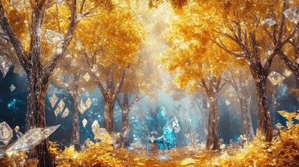 Fototapeta premium A magical forest of golden and silver trees with radiant leaves, set against a backdrop filled with shimmering diamonds and vibrant gemstones