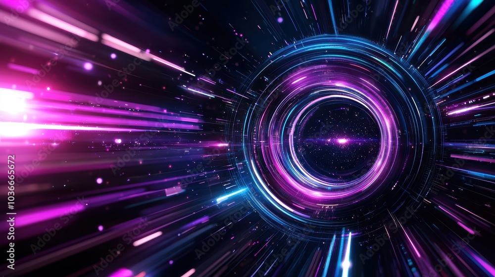 Poster a vibrant, futuristic tunnel of light, featuring dynamic pink and blue beams radiating towards a cen