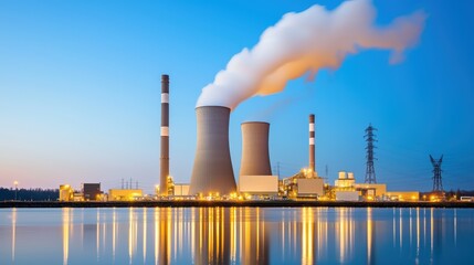 A power plant with cooling towers emits steam, set against a twilight sky, reflected in calm water.