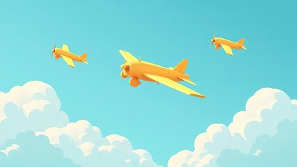 Fototapeta premium Three yellow airplanes flying in the sky. The sky is blue with some clouds. 