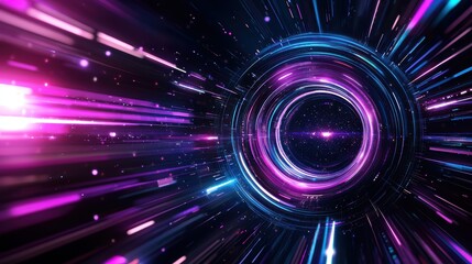 Fototapeta premium A vibrant, futuristic tunnel of light, featuring dynamic pink and blue beams radiating towards a central circular vortex, creating a sense of motion and depth.