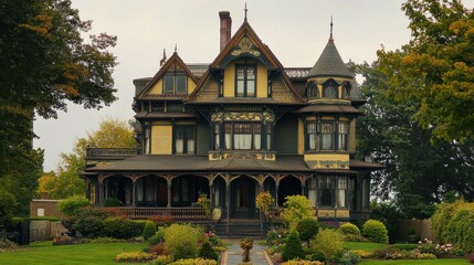 Fototapeta premium A grand Victorian-style mansion with intricate details and lush gardens.