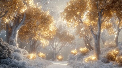 A mystical landscape with golden and silver trees of different sizes, their leaves glowing with jeweled accents, creating a luxurious fairytale atmosphere