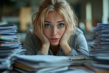 Businesswoman feeling overwhelmed in her office, Generative AI