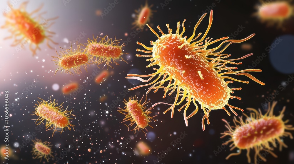 Poster a vivid depiction of microorganisms, showcasing bacteria in vibrant colors, illustrating their struc