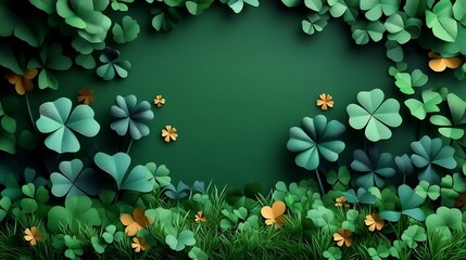 Naklejka premium Delightful St Patrick's Day banner filled with bold paper art fourleaf clovers accented by golden elements on a vivid green background that provides space for personalized messages