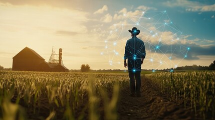 Fototapeta premium Farmer Walking in Field at Sunset