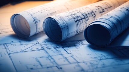 Three rolled architectural blueprints on a wooden surface with a soft blue light.