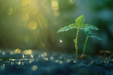 A Tiny Sprout Emerging from the Ground with Dew Drops