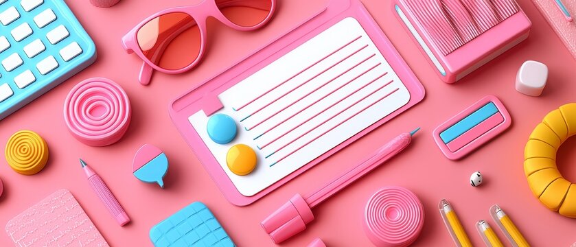 Colorful office supplies and accessories a playful arrangement of stationery items on a pink background