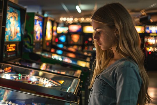 Blonde Woman Standing in an Arcade with Pinball Machines