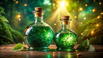 Enchanted Forest Elixirs Two Glass Bottles Filled with Glowing Green Liquid Rest on a Wooden Table in a Mystical Setting Surrounded by Lush Foliage and Soft, Golden Light