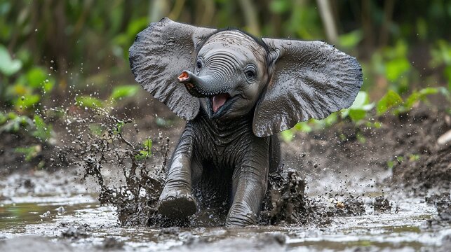 A young elephant playing in the mud, joyfully splashing and rolling in the water