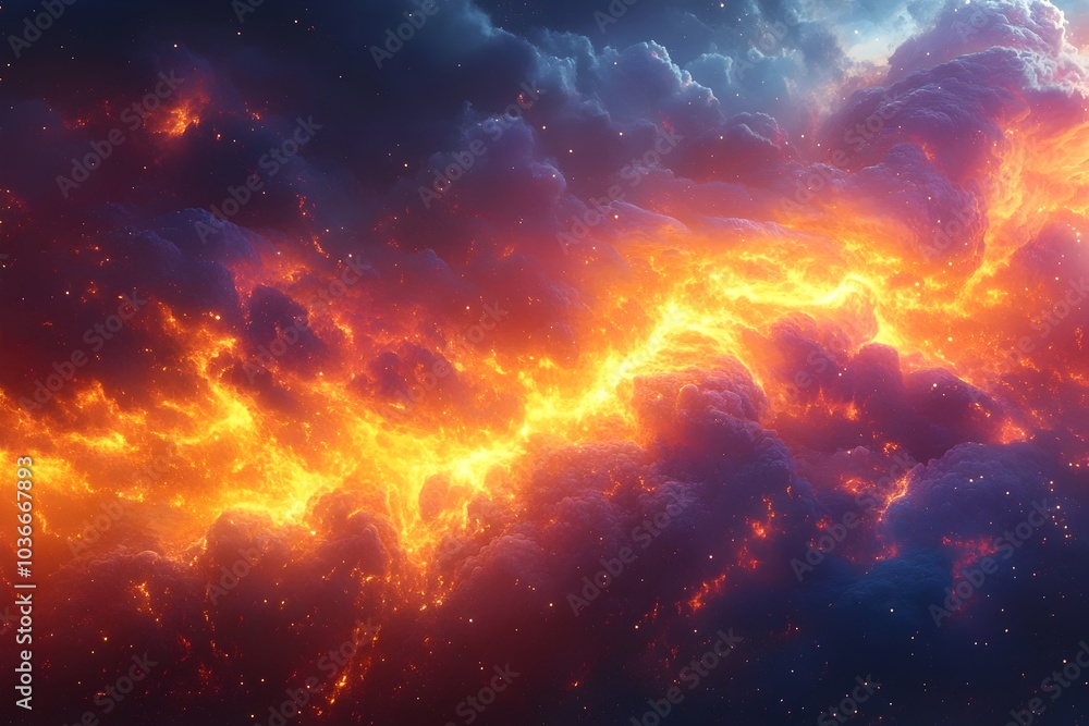 Poster a mesmerizing display of vibrant orange and fiery reds swirl through dark cosmic clouds, creating a 