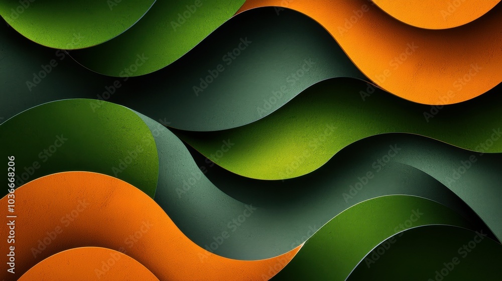 Wall mural an abstract image featuring vibrant green, orange, and dark tones in wavy forms, creating a dynamic 