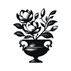 Magnolia flower. Blooming branch in an old vase. Black and white engraving illustration, tattoo sketch, print, ink, cut out