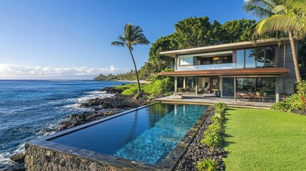 Obraz premium A modern villa by the ocean with an infinity pool and lush surroundings.