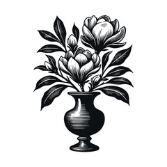 Magnolia flower. Blooming branch in an old vase. Black and white engraving illustration, tattoo sketch, print, ink, cut out