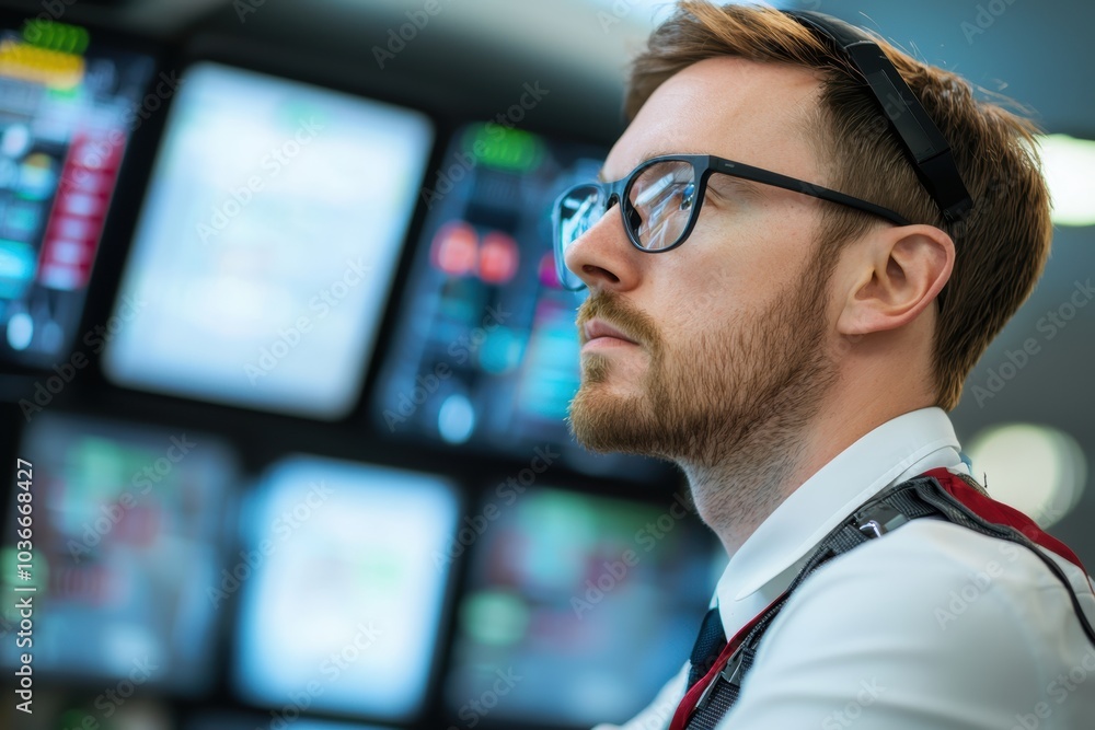 Aufkleber focused analyst in high-tech environment monitoring data streams for business success