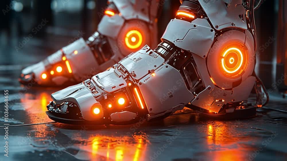 Poster This Glowing robotic boots showcase advanced technology in a modern urban setting after dark. Prosthesis